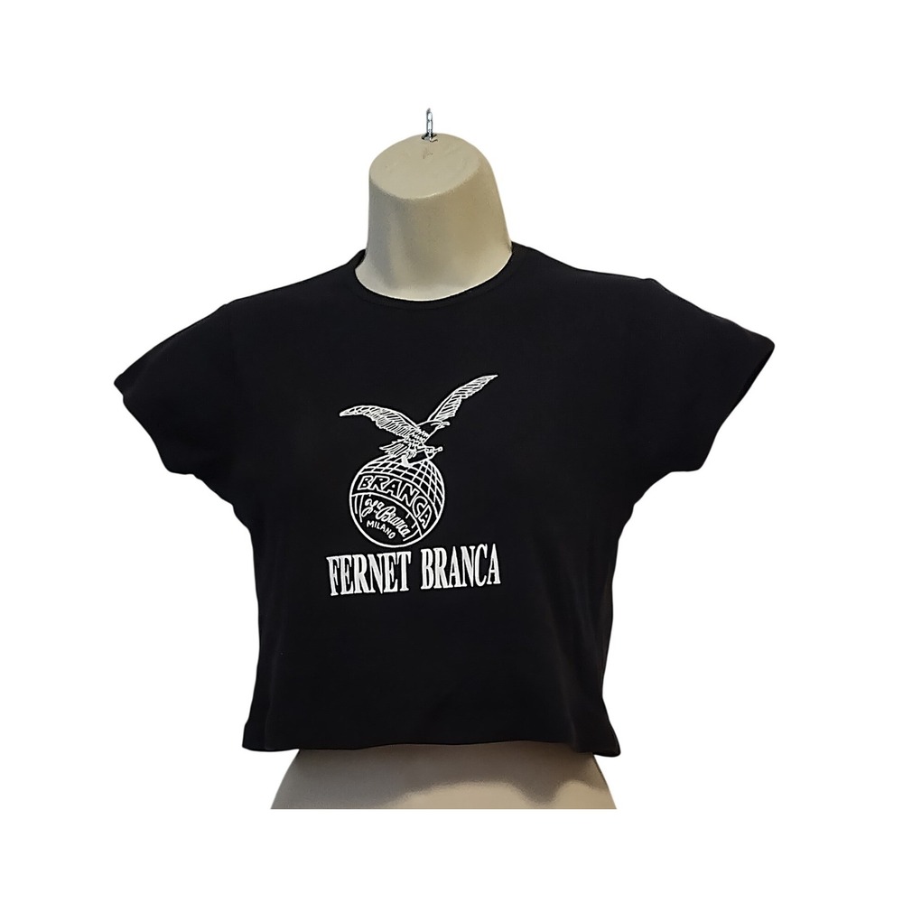 Bella Fernet Branca Cropped Top Womens L Black Graphic Baby Tee Milano USA